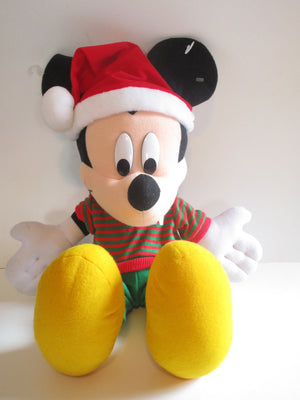 Disney Mickey Mouse 20" Christmas Plush w/Santa Hat & Green/Red Striped Sweater