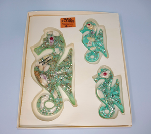 Enco South MCM Blue Green Lucite Seahorse Wall Plaques Set of 3 Abalone Shells
