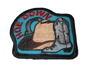 Hoe Down Iron On Badge Cowboy Boots Hat Horseshoe