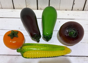 Art Glass Vegetables ~ Corn Eggplant Onion Tomato Zucchini Squash