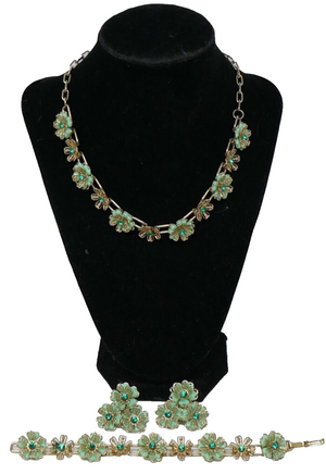 Green Lucite & Rhinestone Goldtone Flowers Demi Parure Jewelry Set