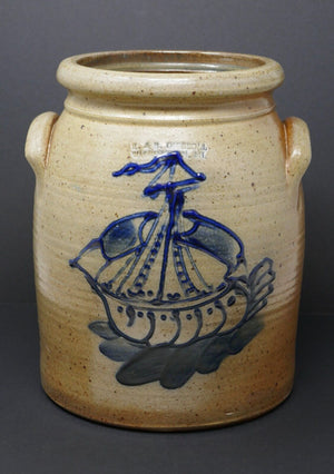 R & B Diebboll Beige Hand Painted Ship at Sea Stoneware Crock Jar NO LID