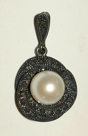 Chapal-Zenray NF 925 Sterling Silver Faux Pearl on Marcasite Swirl Charm Pendant