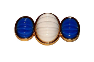 Monet 1980s 90s Runway Couture Gold Blue White Ribbed Lucite Cabochon Brooch Pin