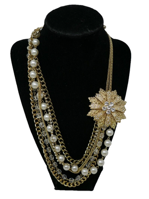 Darlene Goldtone Faux Pearl Crystal Rhinestone Large Pendant Necklace