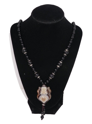 Black Beaded Necklace with Brown Agate Stone Buddha? Pendant