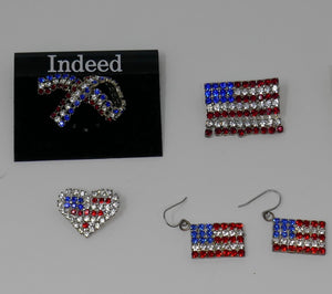 Indeed Silver Tone Crystal Rhinestone American Flag Ribbon Pin Brooch & Extras