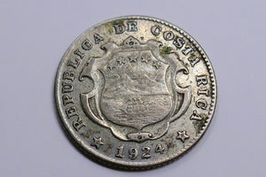 Costa Rica 1924 Coat of Arms 25 Centavos Céntimos Silver Coin
