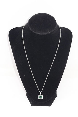 Sterling Silver 925 Emerald & CZ Pendant with Silver Tone Chain Necklace
