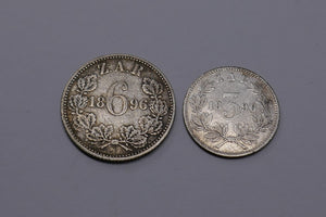 South Africa 1896 Six 6 Pence Three 3 Pence Silver Coins