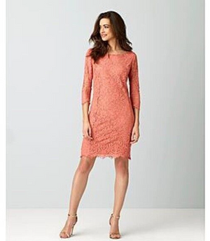 Simply Styled Lace Overlay Sheath Faded Rose Coral Cocktail Dress Size L NWT