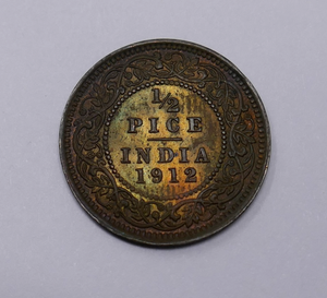 India British 1912 George V 1/2 Pice Bronze Coin TONING