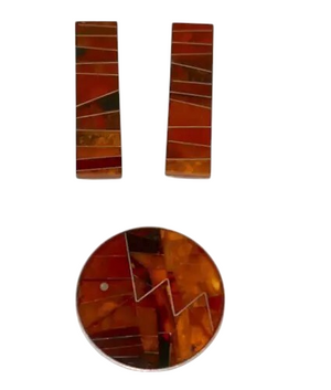 Sterling Silver 925 Modernist Amber Inlay Clip On Earrings & Brooch Pin