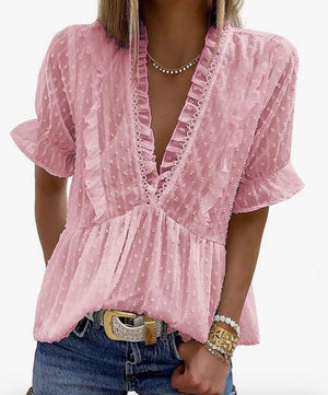 Happy Sailed Women Short Sleeve V Neck Frill Hem Loose Casual Ruffles Blouse Top