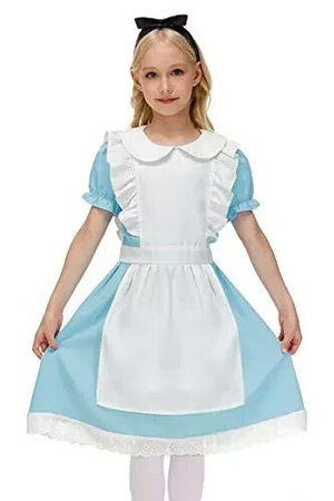 BesserBay Halloween Blue White Puff Sleeve & Tie Waist Dress Alice in Wonderland