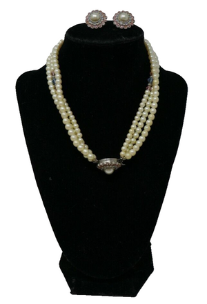 Faux Pearl with Blue & Pink Accent Stones 3 Strand Necklace & Earring Set