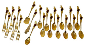 Demitasse Gold Stainless Steel Forks Spoons with Red Enamel Inlay Flatware