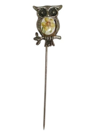 Gold Bronze Tone Owl Stick Pin with Hand Painted Flower Porcelain Tummy