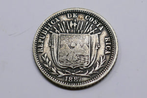 Costa Rica 1887 GW Coat of Arms 10 Centavos Silver Coin LOW MINTAGE