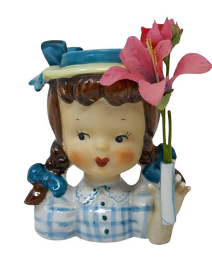 Napco English School Girl Head Vase Planter with Flowers Made in Japan