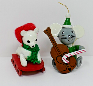 R Dakin 1979 1980 Wooden Christmas Ornaments Mouse with Chello Bear Sledding