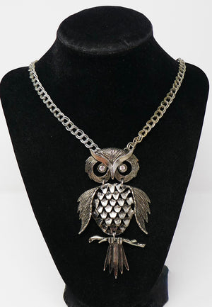 Mid-Century Articulated Pewter Owl Pendant Vintage Necklace Wiggly Boho