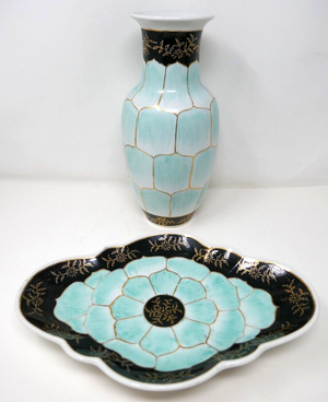 Nora Fenton Design Hand Decorated Asian Turquoise Gilt Lotus Plate & Vase