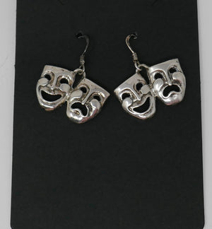 Sterling Silver 925 Happy Sad Mask Tragedy Carnival Mardi Gras Dangle Earrings