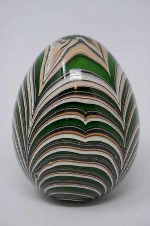 Hand Blown Art Glass Egg Shaped Pulled Feather Design Paperweight