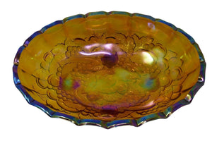 Indiana Iridescent Carnival Glass Oval Harvest Grape Amber Footed Fruit Bowl