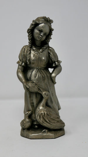 Ruf Design Vintage Zinnauflage Pewter Girl with Geese Figurine German Handarbeit