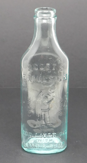 Scott's Emulsion Cod Liver Oil w Lime Soda Aqua Blue Embossed Glass Bottle