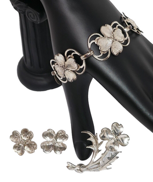 Lang 1940s Sterling Silver Dogwood Flower Bracelet Earrings Brooch Pin Set