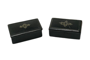 Antique Black Lacquered Paper Mache Inlaid Miniature Snuff Boxes