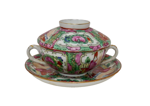 Chinese Famille Porcelain Bouillon Soup Cup with Cover and Under Plate