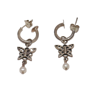 SX 925 Thailand Butterfly & Faux Pearl Dangle Earrings