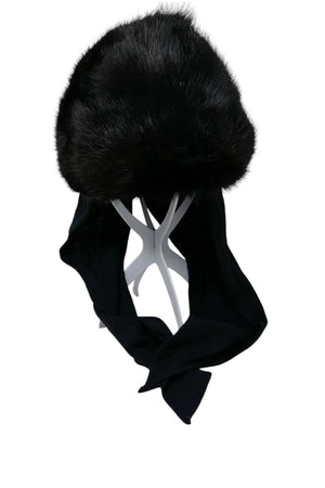 Canadian Hat Mfg Co 1980's Black Muskrat Fur Hat with Wool Scarf Ties