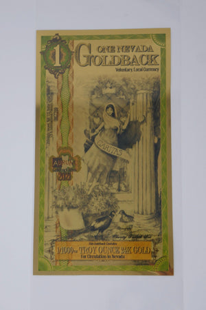2021 Nevada 1 Goldback 24K Gold Foil Note 1/1000 oz .999 Fine Gold Uncirculated