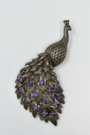 Sterling Silver 925 Peacock Brooch Pin with Purple Stones