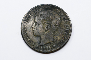 Spain 1896 Alfonso XIII Una 1 Peseta Silver Coin FIRST YEAR ISSUED