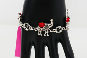 Betsey Johnson Silver Tone Red Accents Lucky Elephant Charm Bracelet NWT