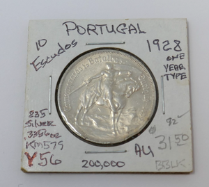 Portugal 1928 Silver 10 Escudos Coin Orique Battle Of 1139 LOW MINTAGE