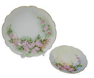 Bavaria Hand Painted Pink Roses Flower Gold Trim Plates Signed by A. Wieland