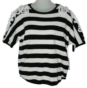 Luna Black & White Striped Embellished Lace Faux Pearl Shoulders Knit Top Size S
