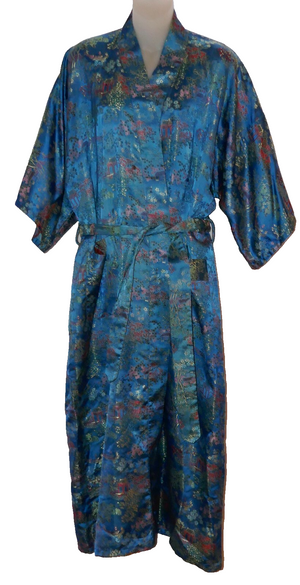 Double Peach Vintage Teal Jacquard Chinese Kimono Robe Size M