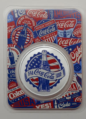 Coca-Cola 1 oz .999 Fine Silver Colorized Americana 140 Years Round in TEP Card