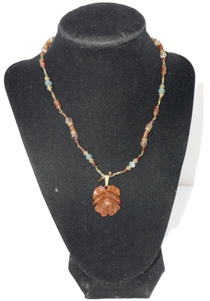Art Deco Carved Rose Flower Bead Necklace