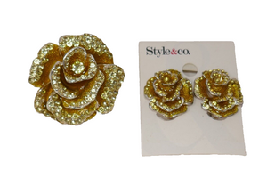Style & Co Floral Rhinestone Cluster Clip On Earrings & Ring Set
