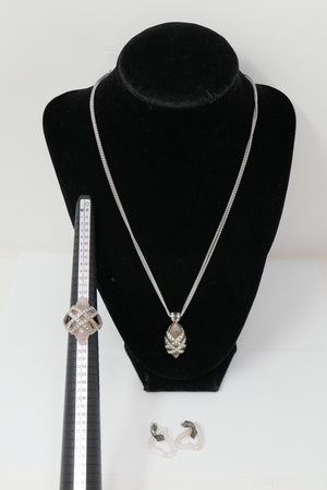 GUESS 925 Sterling Silver Pink Quartz Accented Necklace Ring & Earrings