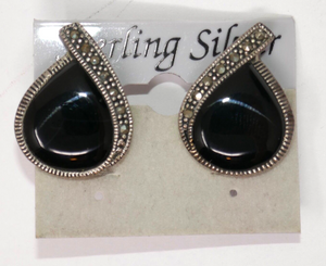 Sterling Silver 925 Black Onyx Marcasite Teardrop Clip On Earrings